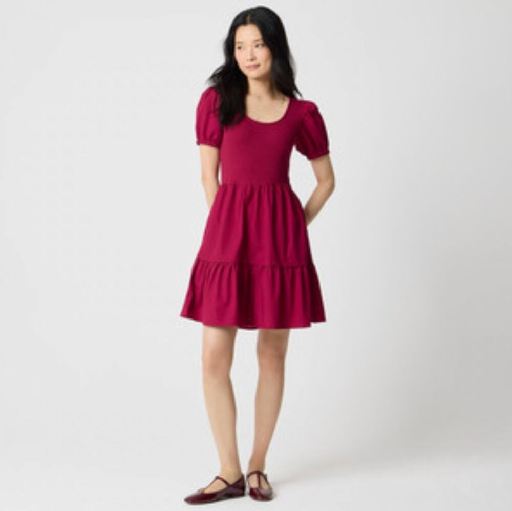 NWT J.Crew Red Cotton Puff Sleeve Tiered Mini Dress Cherry Girl Coquette Fall M